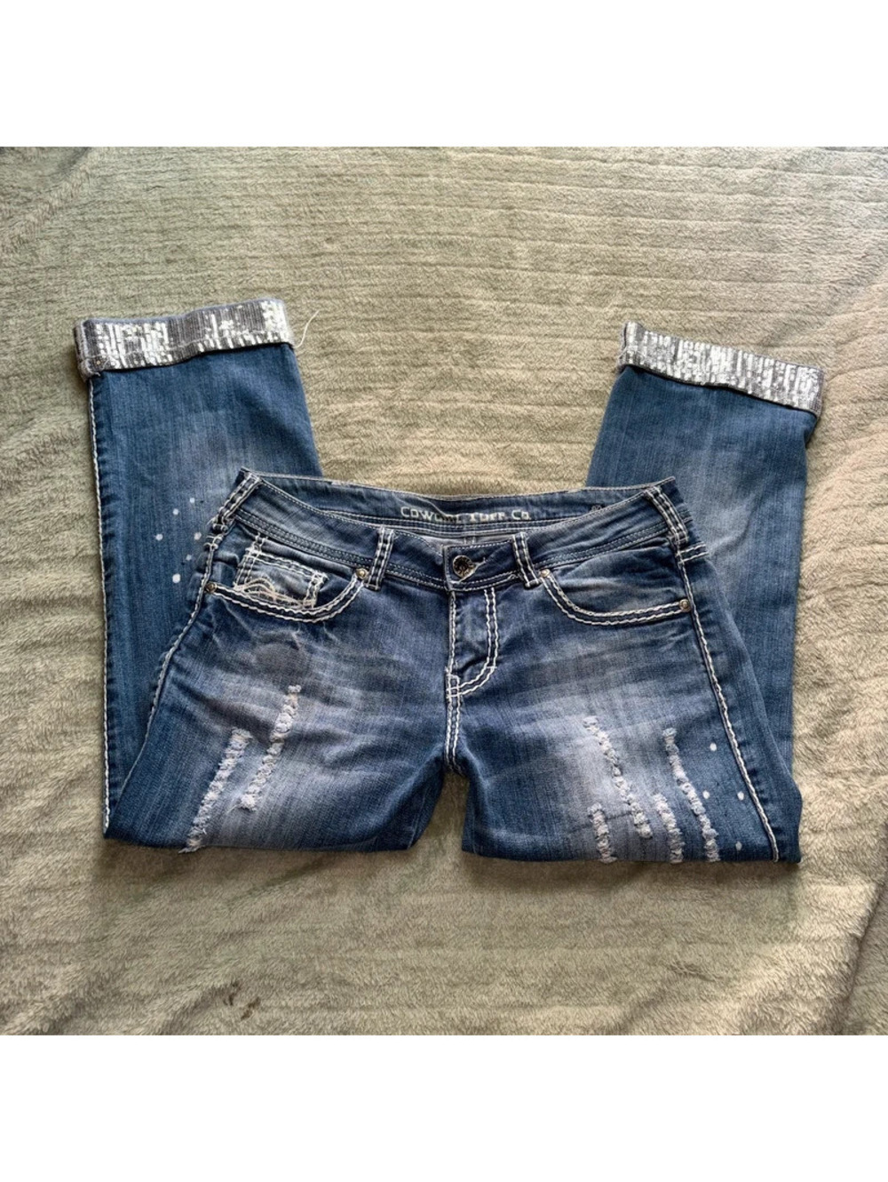 Cowgirl Tuff Y2K Distressed Jeans with sequined cuffs
